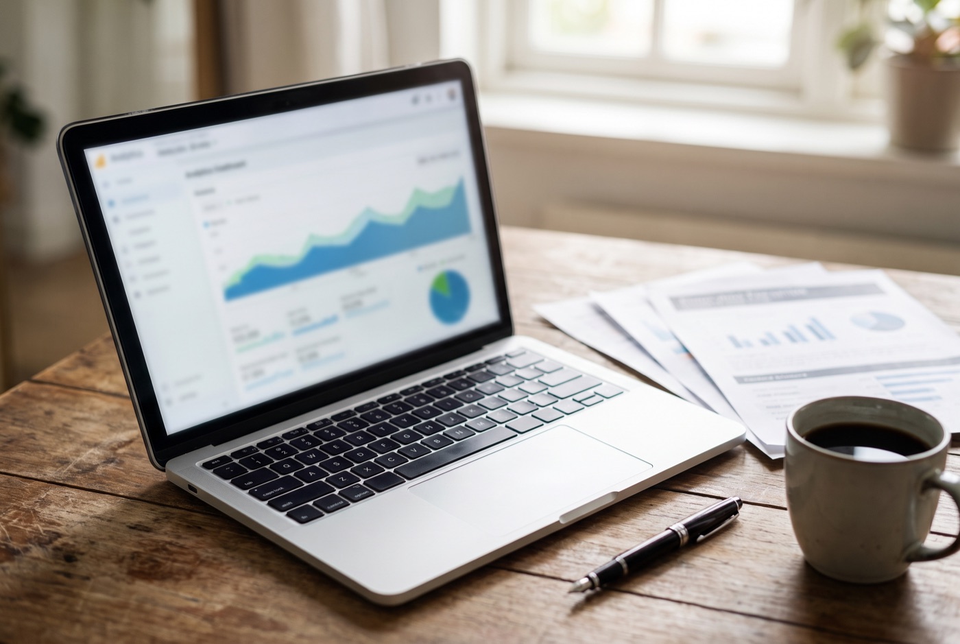 A laptop showing search analytics beside printed keyword research