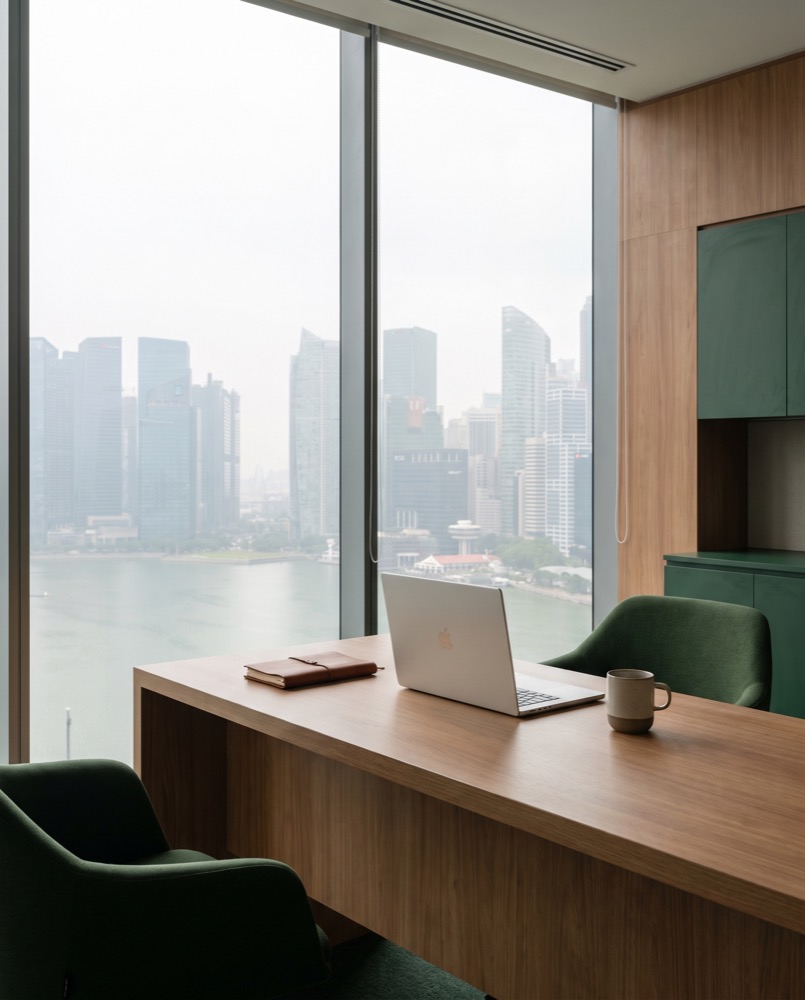 An office desk above the Singapore skyline