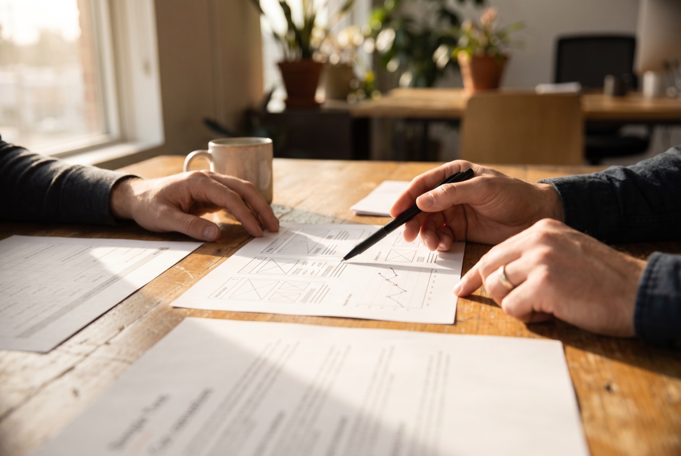 Two people reviewing printed wireframes and charts